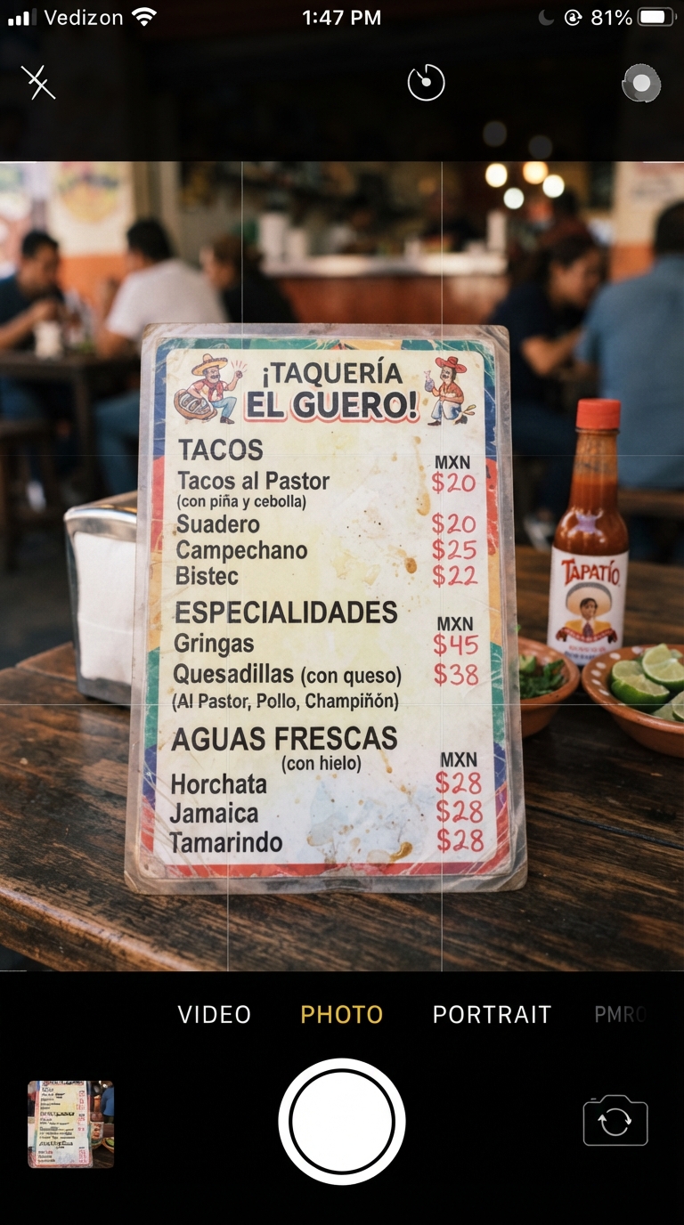 Foto de un menú impreso tomada con el celular